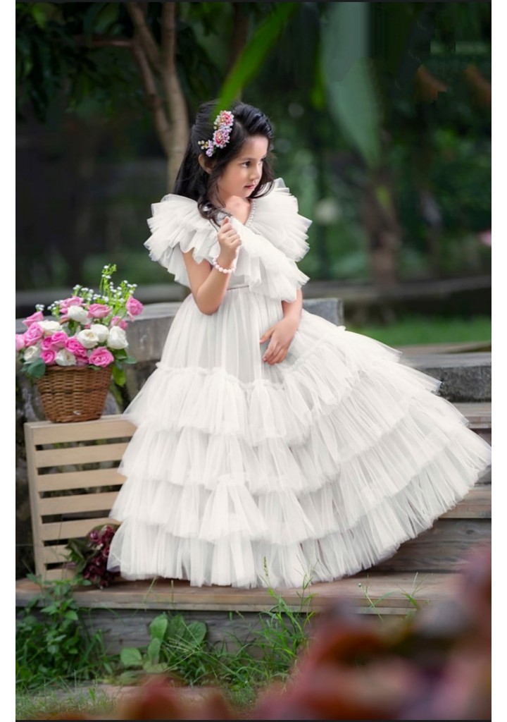 Hariyal Creation kids party/festive white designer long gown dress for girls-hoanganhbinhduong.edu.vn