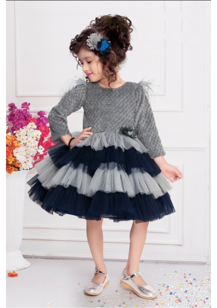 Girls knee length party frock-gray
