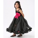 BLACK SLEEVELESS MESH YOKE FLOWER DECORATED HIGH LOW STYLE GOWN