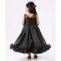BLACK SLEEVELESS MESH YOKE FLOWER DECORATED HIGH LOW STYLE GOWN