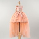 LONG SHORT PEACH BROCADE GOWN WITH FLOWERS HAND TACKED