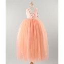 LONG SHORT PEACH BROCADE GOWN WITH FLOWERS HAND TACKED