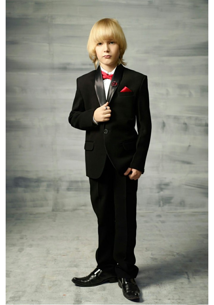 Black color solid 4 piece tuxedo suit for boys with bowtie