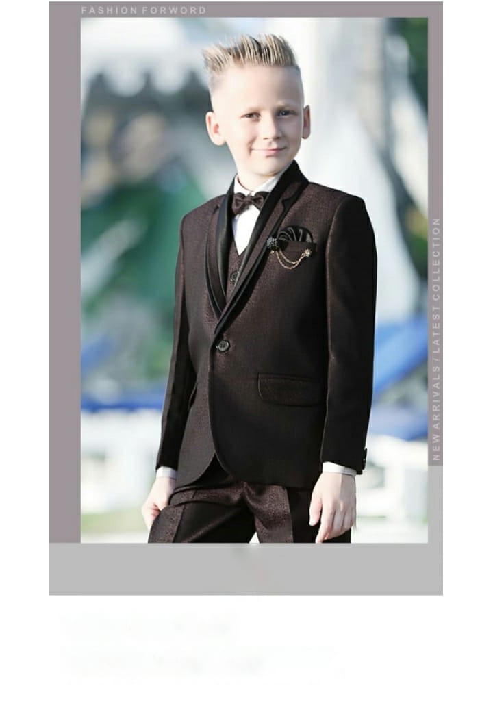 Brown color solid 4 piece suit for boys with bowtie