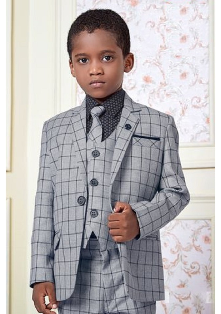 Grey checks pattern 4 piece coat suit for boys